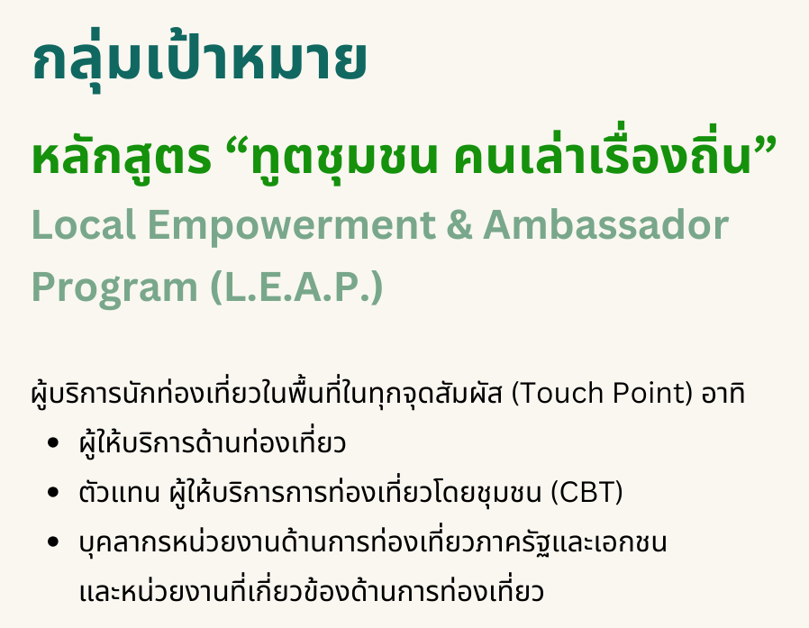 กลุ่มเป้าหมาย หลักสูตร “ทูตชุมชน คนเล่าเรื่องถิ่น” Local Empowerment & Ambassador Program (L.E.A.P.)
